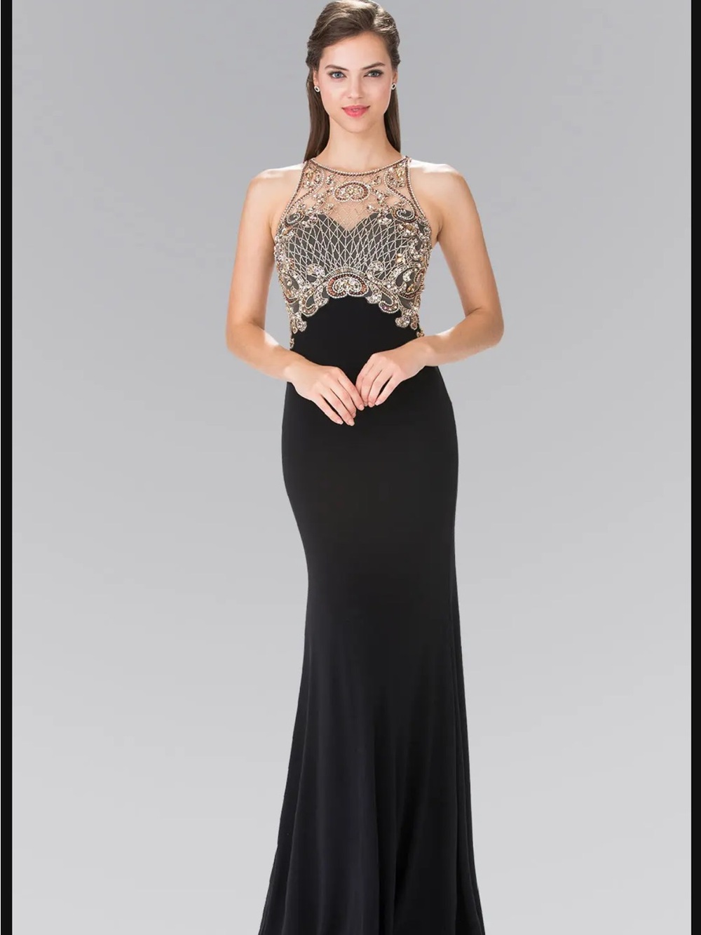 Black Prom Dress with Gold Beaded Illusion Bodice - GL1303